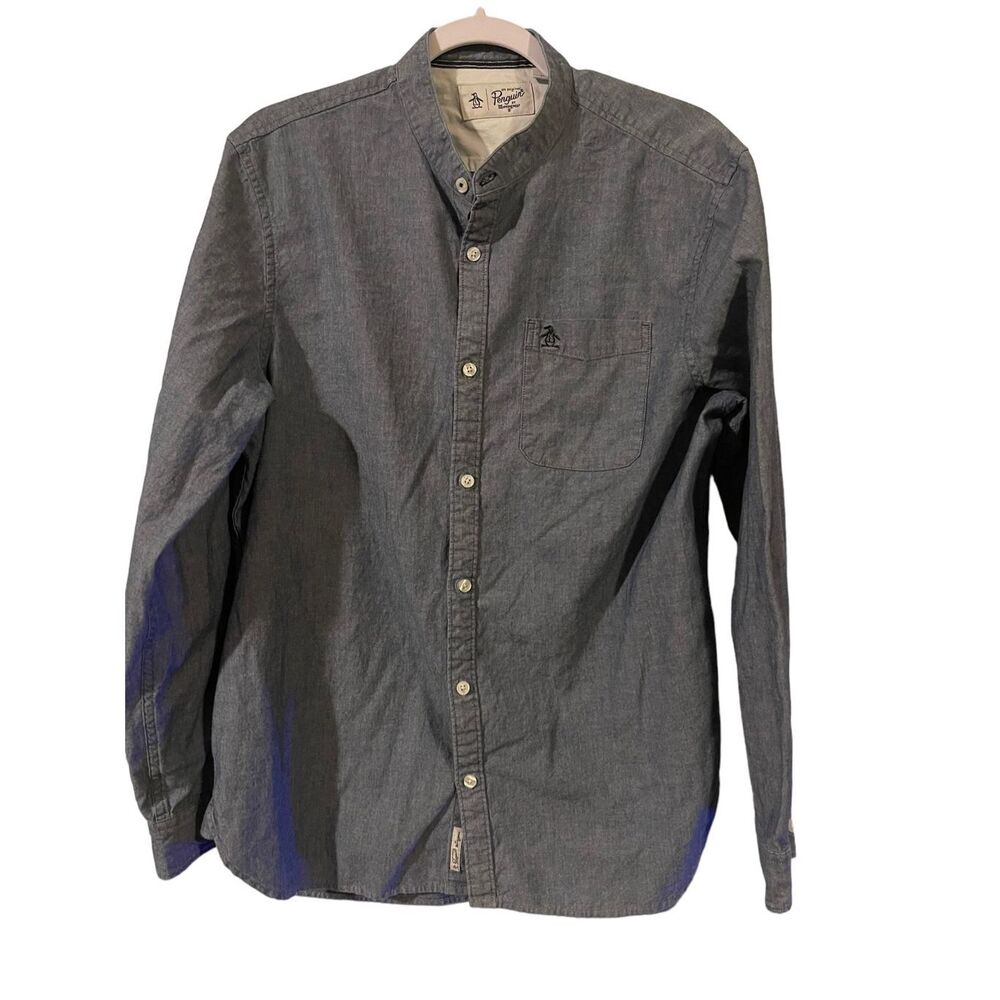 Penguin Men's Brown Long-Sleeve Mock Neck Button-Down Shirt Large